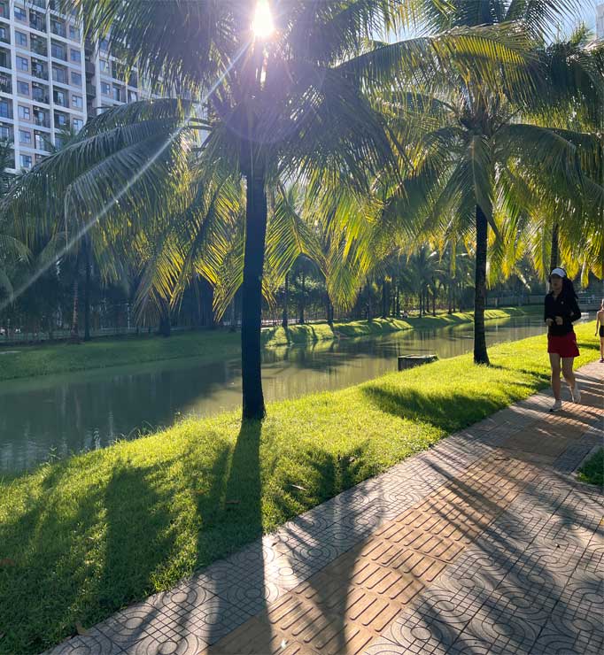 Công viên bờ sông với hàng dừa, không gian picnic, yoga và đi bộ tại Vinhome Grand Park